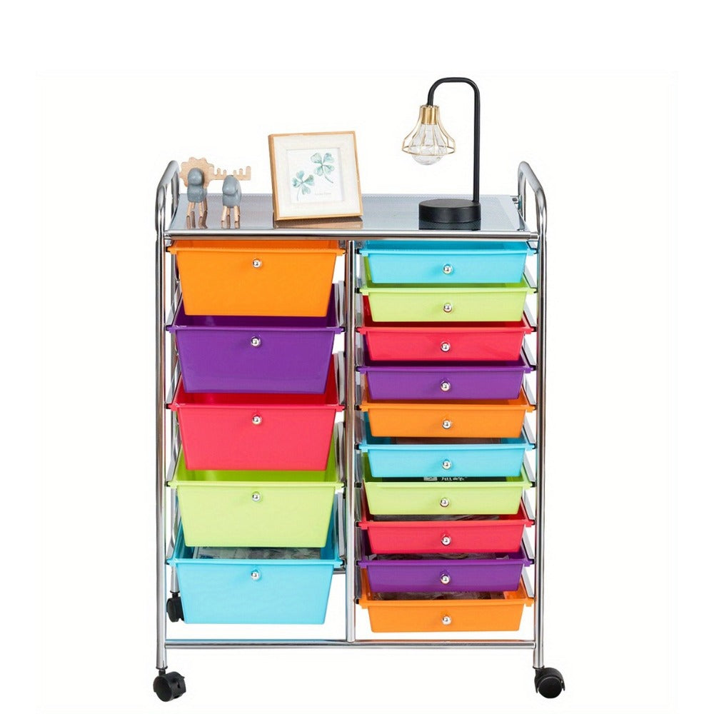15-Drawer Rolling Storage Cart with Locking Wheels, Steel Frame & Multicolor Opaque Plastic Drawers, Space-Saving Organizer for Home Office Kitchen Bathroom, 5 Large & 10 Small Drawers