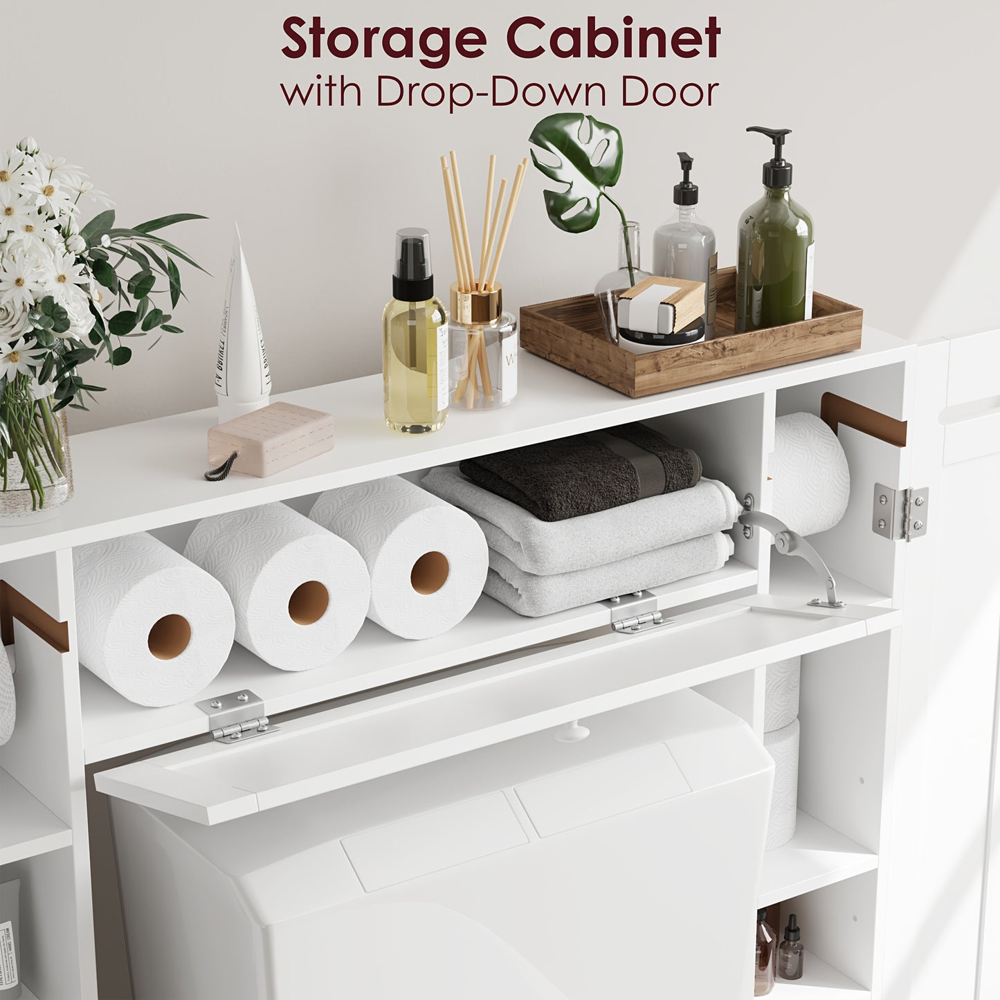 White Bathroom Storage Cabinet Designed to Fit Over The Toilet, Featuring a Paper Holder And Adjustable Shelves, Along with Two Side Doors And a Pull-Down Door