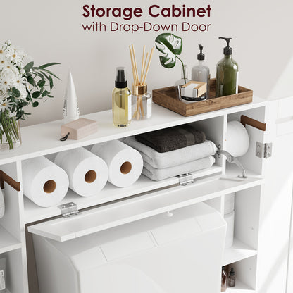 White Bathroom Storage Cabinet Designed to Fit Over The Toilet, Featuring a Paper Holder And Adjustable Shelves, Along with Two Side Doors And a Pull-Down Door