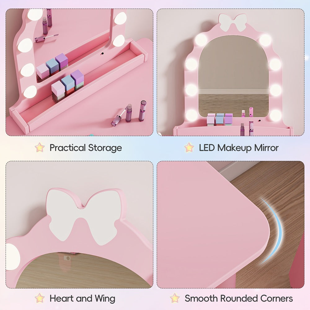 Kids Vanity Set with Light and Barber Chair, Pink Makeup Dressing Vanity Table with Storage Shelf and Hair Salon Play Set 7pcs Accessories, Pretend Play Vanity Set for Toddler Girls