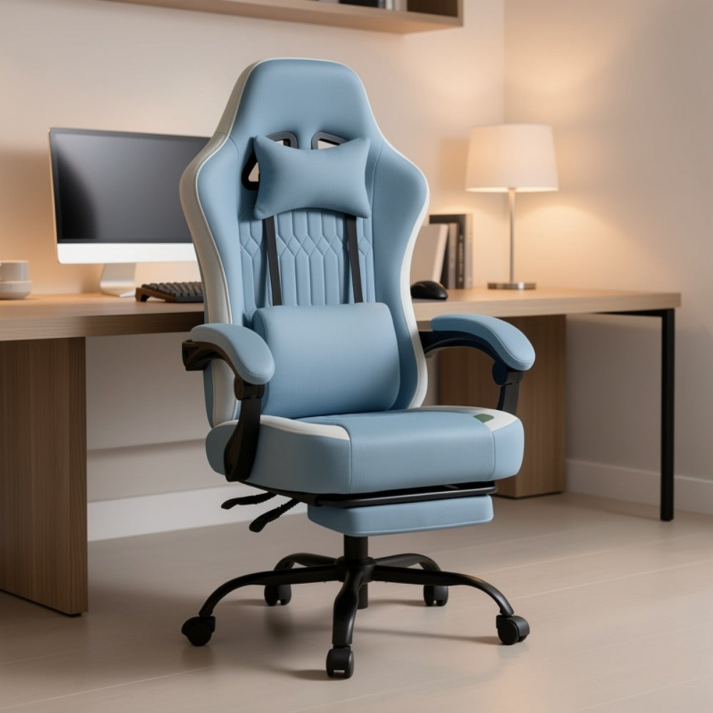 Ergonomic Computer Gaming Chair with Footrest, Lumbar Support & Headrest – Height Adjustable Office Chair with Armrests & Rollers, Black, Light Green, Blue