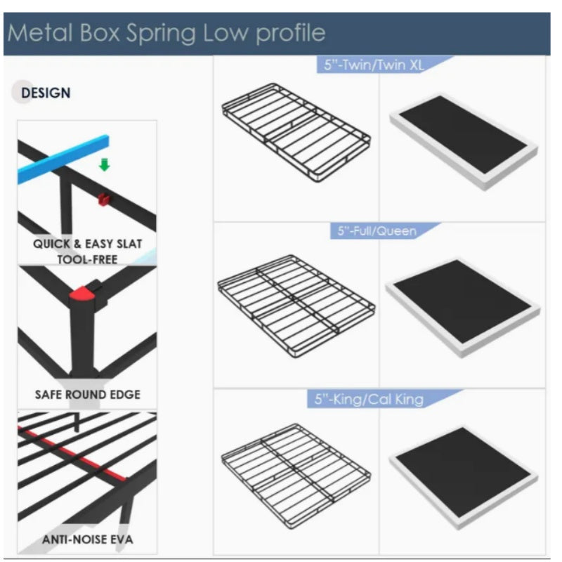 5/7.5/9 Inch Box Spring for Twin/Full/Queen/King Bed, High Profile Strong Metal Frame Foundation, Quiet Noise-Free, Easy Assembly