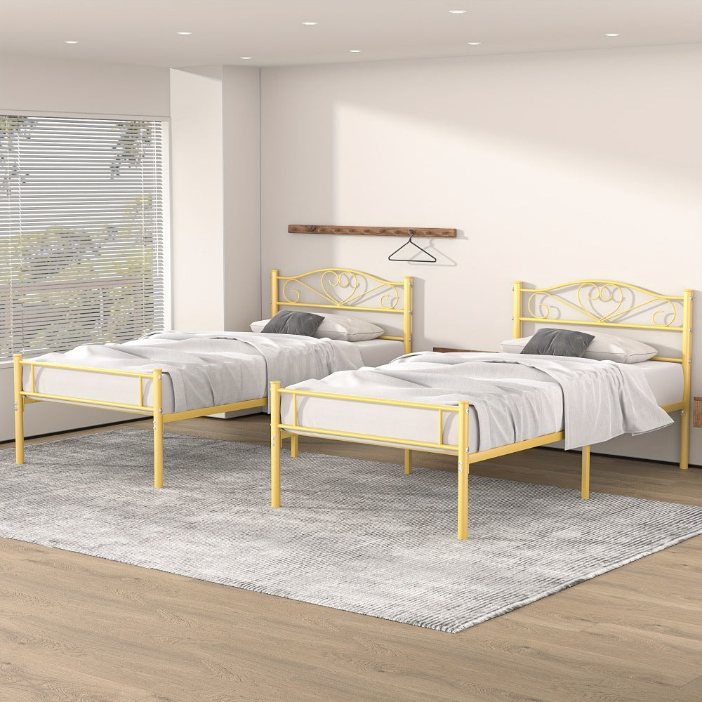 Metal Platform Bed Frame with Headboard and Footboard Steel Slat Support No Box Spring Needed Noise Free - Twin Full Queen Sizes for Bedroom Guest Room Dorm | Black White Gold Pink