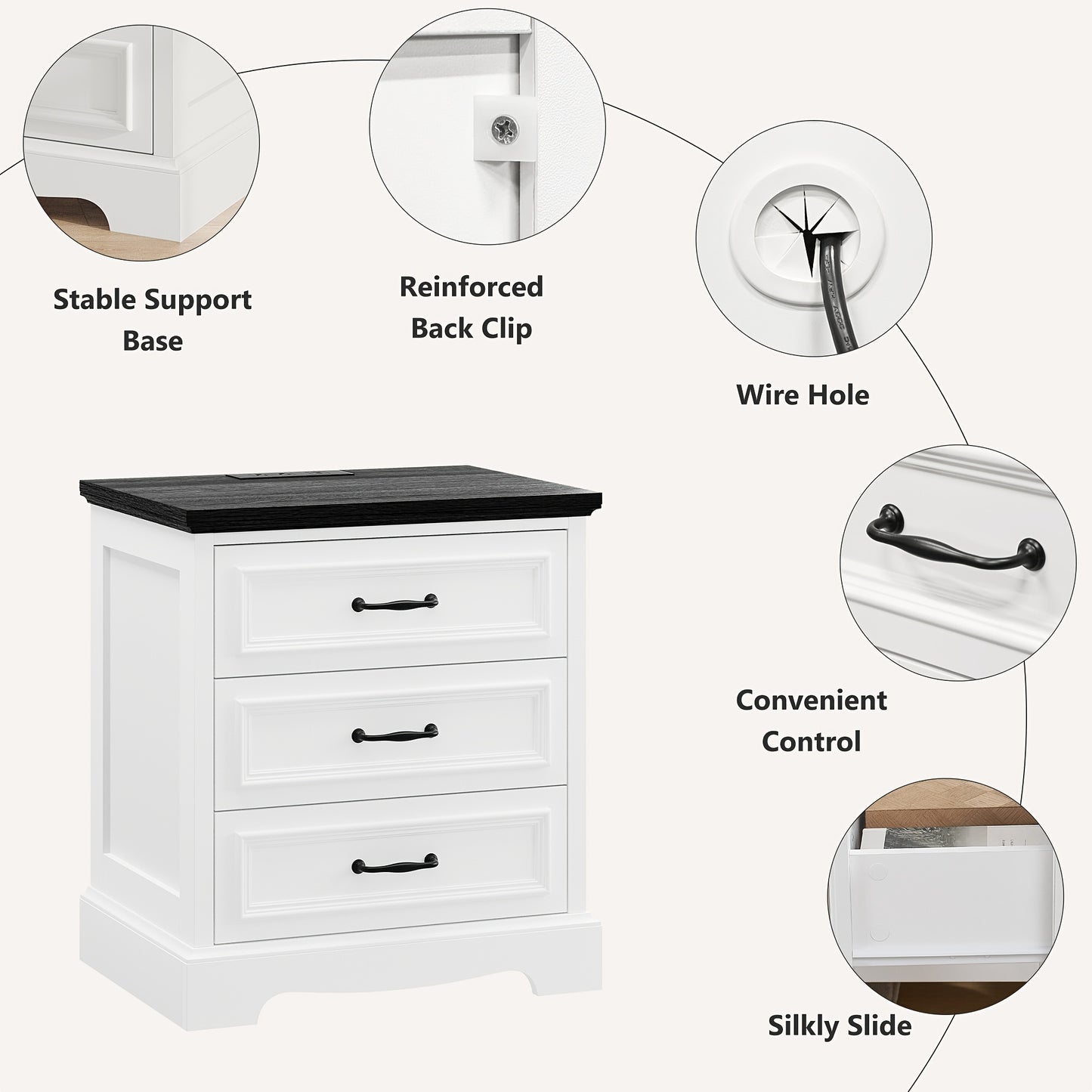 [Nightstand with Charging] Farmhouse Nightstand with Charging Station, White Bedside Table with 3 Drawers, Modern Side End Table for Bedroom, Living Room