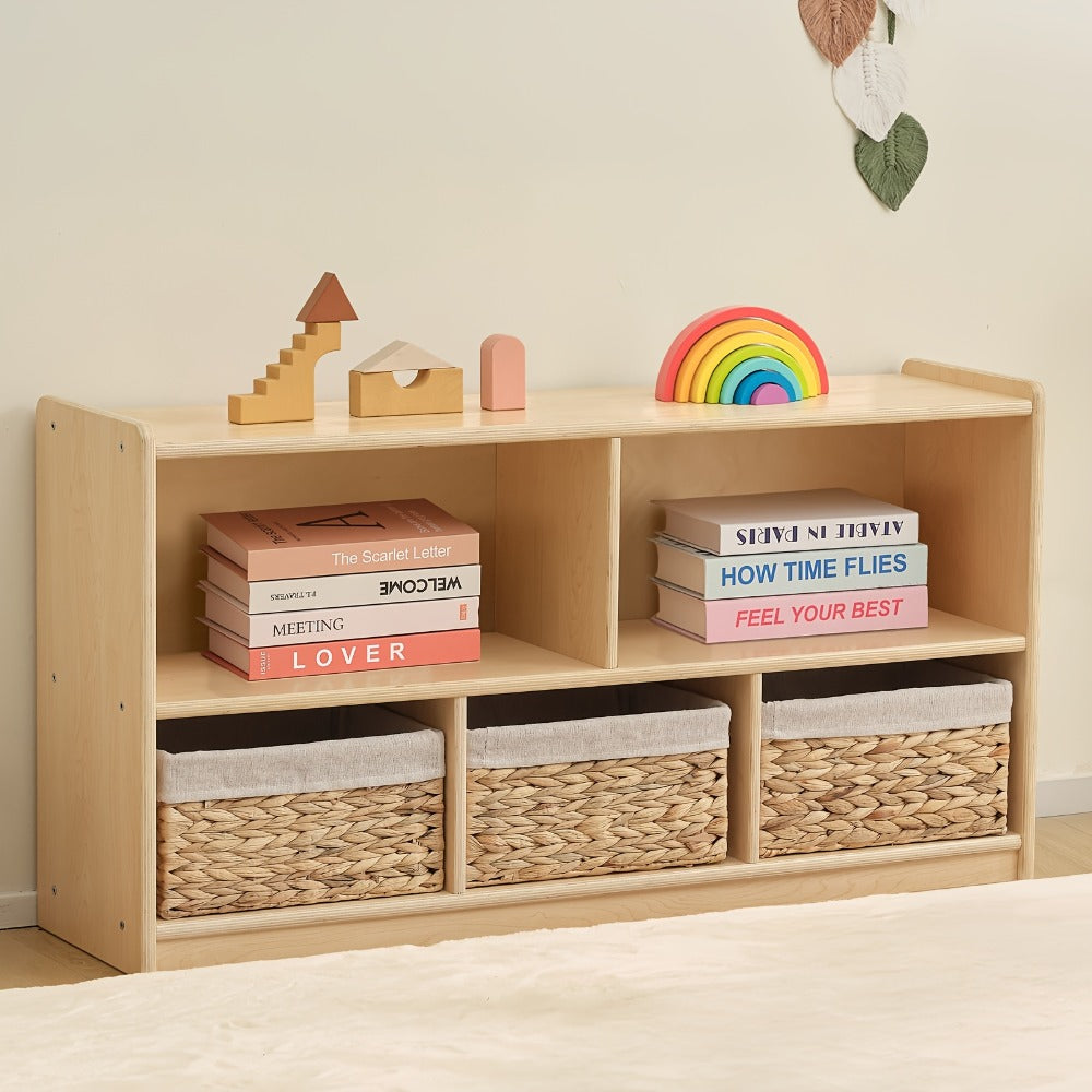 Large Wood Storage Organizer, 2-Shelf Wood Bookshelf, 5-Section Kids Bookshelf, Wooden Storage Cabinet for Classroom, Kids Bookcases And Toddler Shelf for Kids Room, Playroom, Nursery