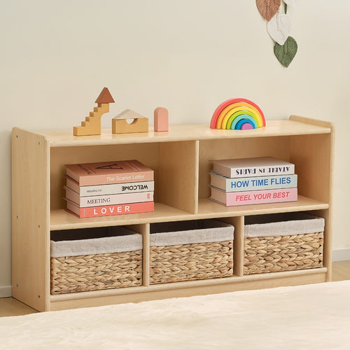 Large Wood Storage Organizer, 2-Shelf Wood Bookshelf, 5-Section Kids Bookshelf, Wooden Storage Cabinet for Classroom, Kids Bookcases And Toddler Shelf for Kids Room, Playroom, Nursery