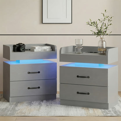 Nightstand with LED Lights & Charging Station – 2 Drawers Bedside Table, Modern End Table for Bedroom Living Room, White Black Grey, 1pc or 2pcs Set