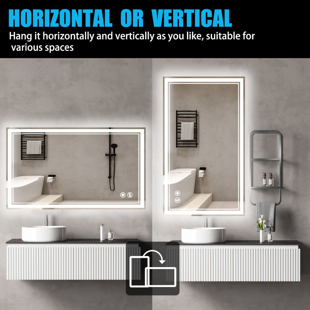 48x28 LED Bathroom Mirror with Lighting, Anti-fog, Adjustable Brightness, Backlight + Front Light, Smart Bathroom Dressing Mirror, Memory Function, Touch Screen Function, Shatterproof, Tempered Glass (horizontal/vertical)