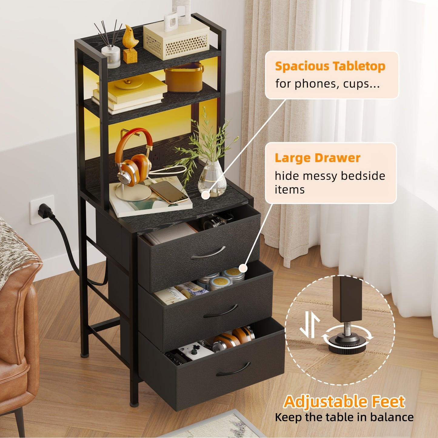 41/47'' LED Nightstand With USB Ports & Outlets, Tall Bedside Table With Charging Station, 3/4-Drawer PU Fabric Storage Cabinet, Heavy Duty End Table For Apartment, Dorm Room & Living Room Decor, Black&Brown&White