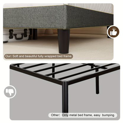 Modern Platform Bed Frame with 24-Inch Button-Tufted Headboard – Solid Wood Slats, Artistic Legs, Linen & Velvet, Dark Gray Light Grey Beige White Black, Full Queen King