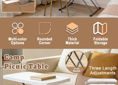 Folding Table 2.5/4/6FT Portable Heavy Duty Plastic Fold-in-Half Utility Table Portable Dining Table Indoor Outdoor Adjustable Height Folding with Carrying Handle, Locks, Camping and Party, Picnic Table -White/Black