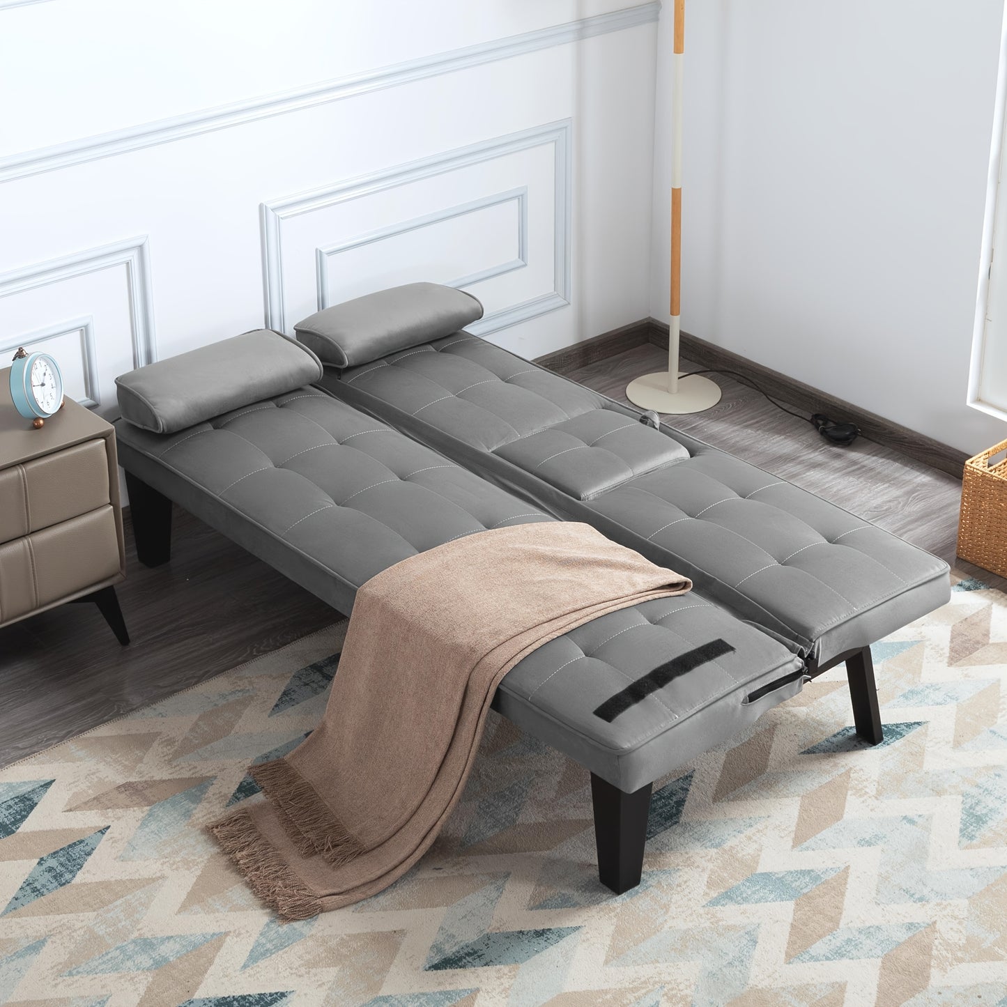 65 Inch Modern Foldable Sofa Bed, Adjustable Lounge Chair with Detachable Armrests And Two Cup Holders for Double Occupancy in The Living Room, Convertible Into a Bed