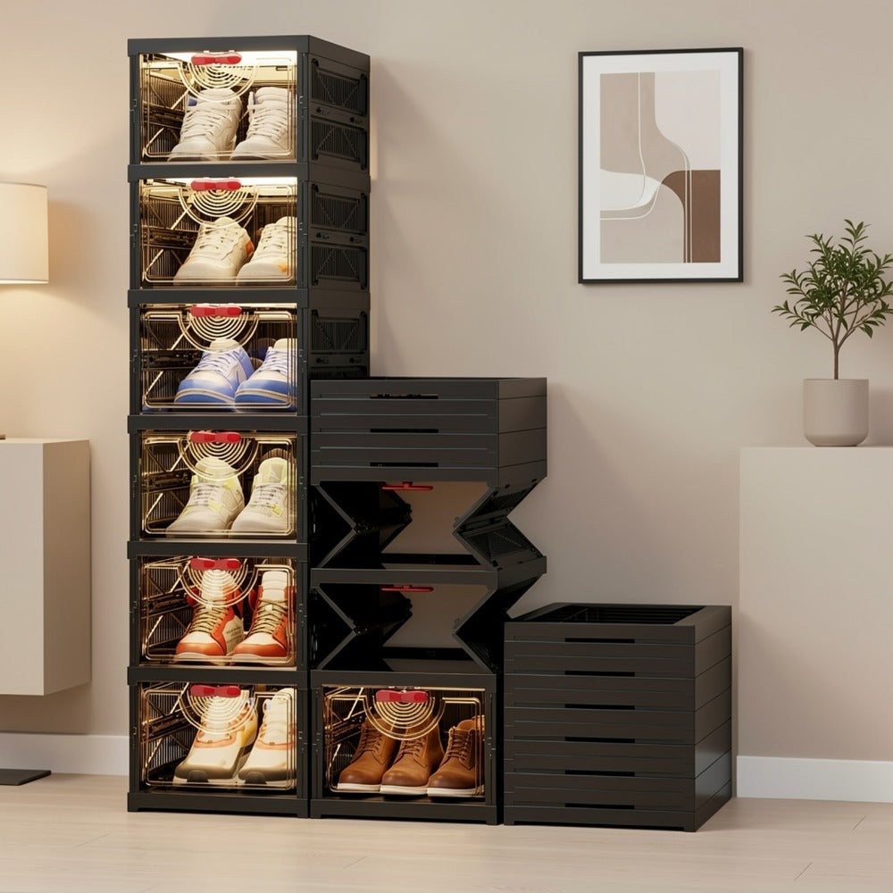 Black Shoe Storage Cabinet 5/6 Tier Foldable Modular with Flip-Top Lid & Clear See-Through Window, Stackable Shoe Organizer for Entryway Closet Bedroom