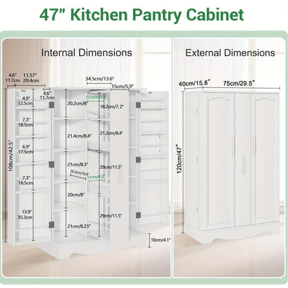 47-Inch White Kitchen Pantry Storage Cabinet with Drawer & Adjustable Shelves – Large Wooden Buffet Sideboard Cupboard for Kitchen, Dining Room & Living Room | Freestanding Food Pantry Organizer