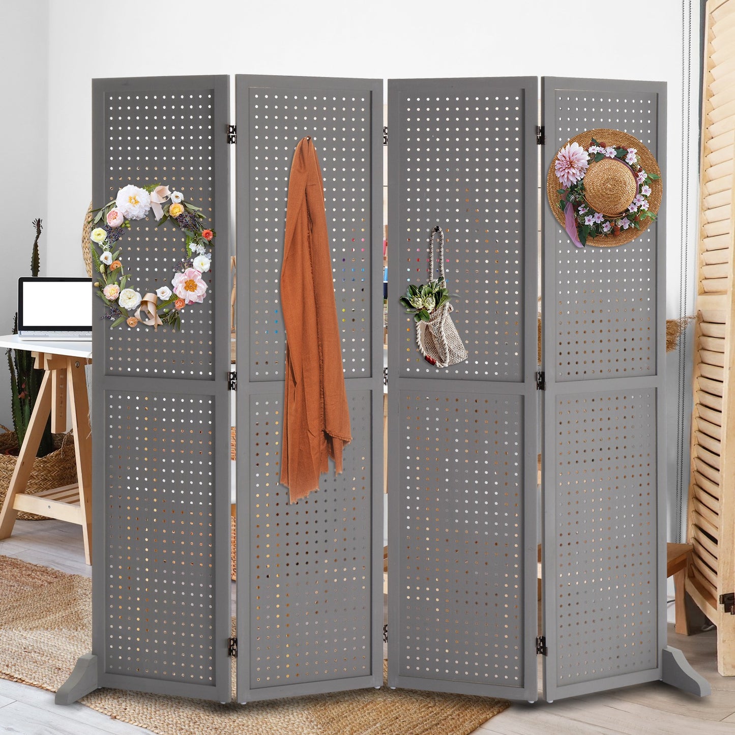 VINGLI Freestanding Pegboard with Support Feet, 5 FT Wood Room Divider Display Board Organizer, Folding Privacy Screen Partition Space Separator for Craft Shows Events Retail