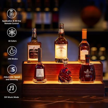 LED Lighted Liquor Bottle Display Shelf, 2-Tier Freestanding Bar Shelf with Warm Glow Lighting, Walnut & Gray Wood Home Bar Shelving Unit for Party Bar Decor