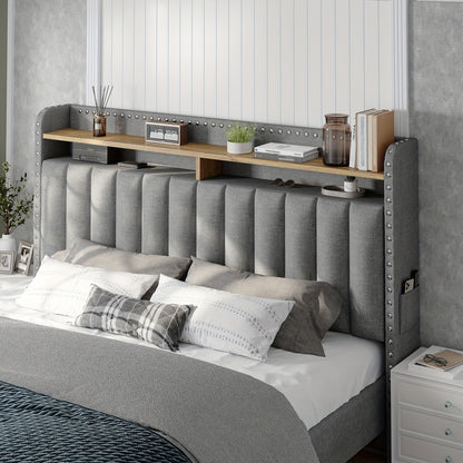 King Size Upholstered Bed Frame with Storage 2 Drawers 2-Tier Headboard Wood Slats No Box Spring Noise-Free Easy Assembly Modern Grey Beige