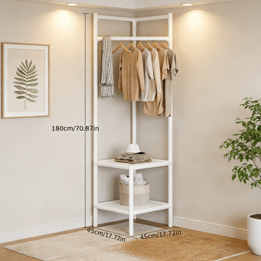 Corner Coat Rack with Shelves & Hanging Rods | Freestanding 2-Tier or 3-Tier Corner Clothes Hanger, Multi-Functional Storage Rack for Entryway, Bedroom, Bathroom | White or Black