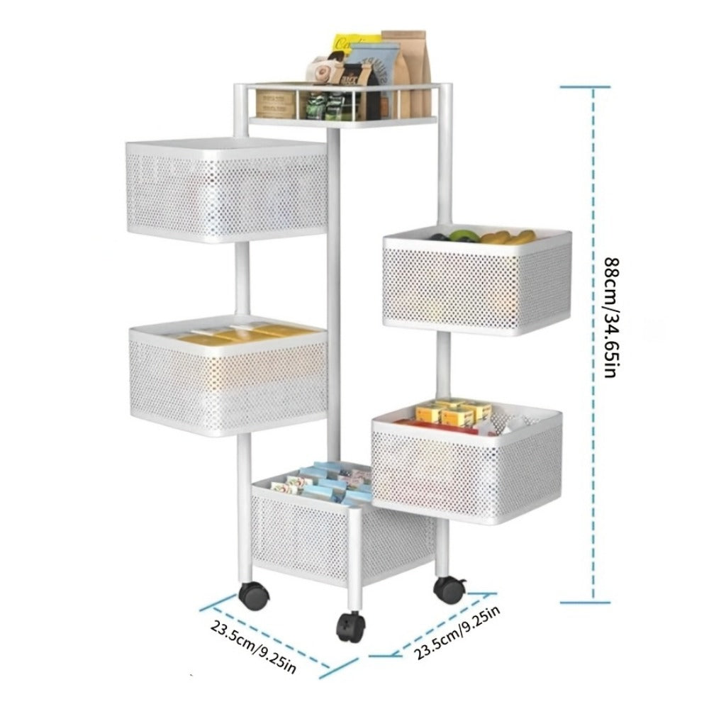5-Tier Rotating Kitchen Storage Shelf with Wheels, Metal Fruit & Vegetable Basket Rack Storage Trolley, Floor-Standing Multi-Layer Organizer for Kitchen & Bathroom, Square