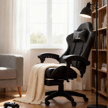 Ergonomic Gaming Chair with Lumbar Support & Optional Footrest – High Back Home Office Recliner for Adults & Teens, Fixed Armrests, Premium Padding, Black Blue, Black Orange, Black White