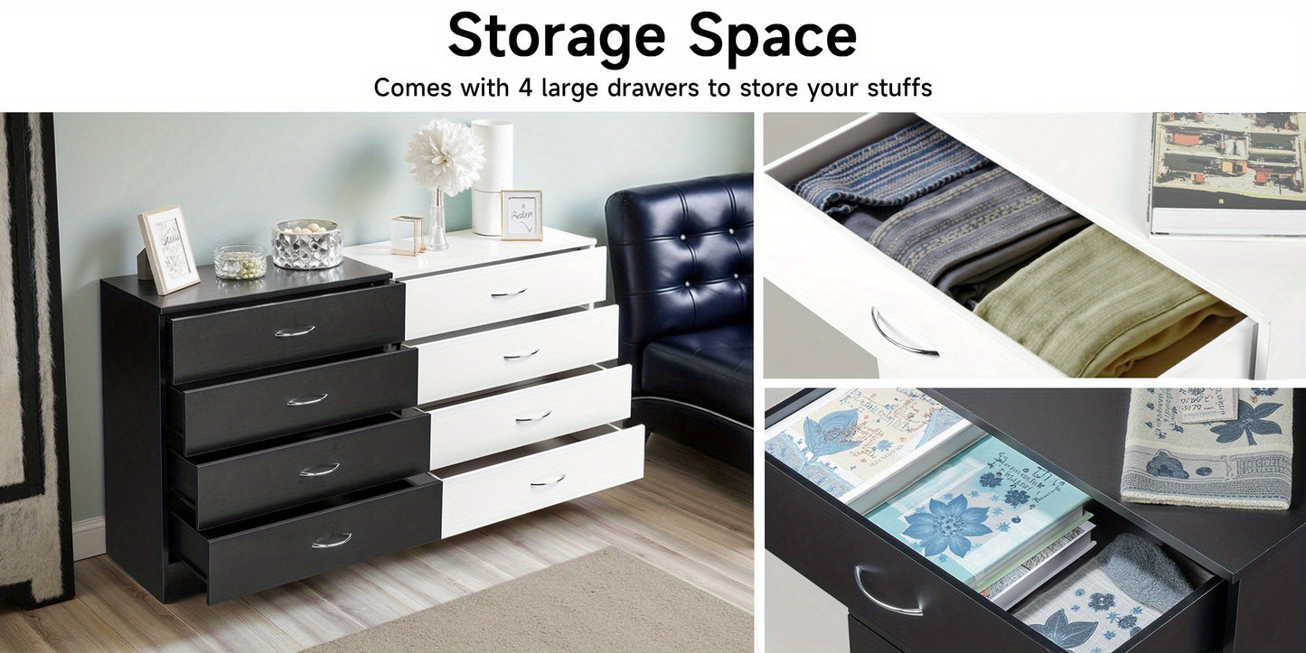 Modern 4-Drawer Storage Dresser - Wooden Chest for Bedroom, Living Room & Entryway, Multi-Functional End Table, White/ Black