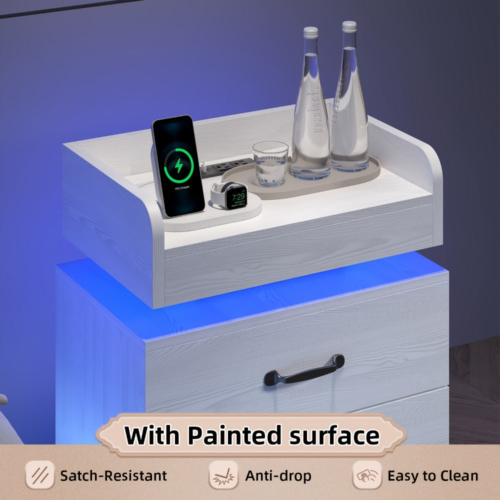 Nightstand with LED Lights & Charging Station – 2 Drawers Bedside Table, Modern End Table for Bedroom Living Room, White Black Grey, 1pc or 2pcs Set
