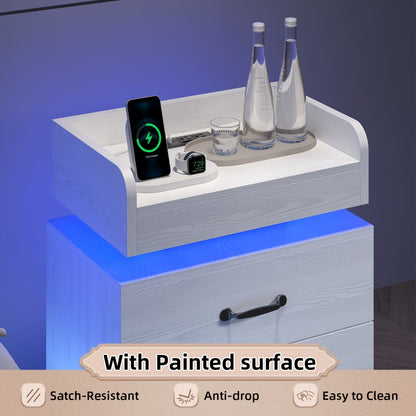 Nightstand with LED Lights & Charging Station – 2 Drawers Bedside Table, Modern End Table for Bedroom Living Room, White Black Grey, 1pc or 2pcs Set