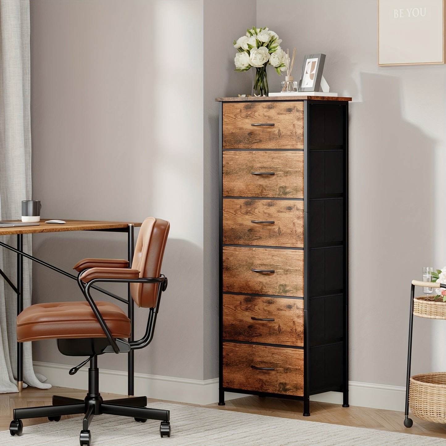EUNOS Tall Dresser for Bedroom, Storage Organizer Chest Of Drawers with Removable Fabric Bins for Living Room Closet Bedside Laundry Entryway Hallway