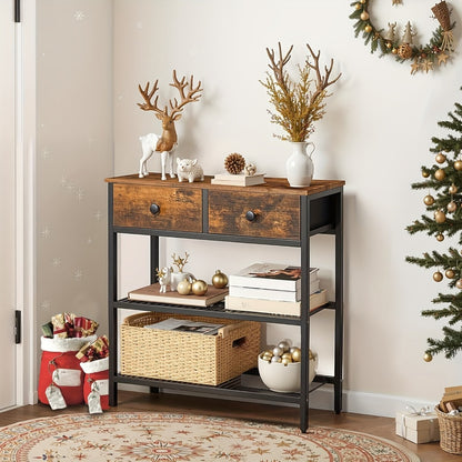 Narrow Console Table 29.5 Inch with 2 Fabric Drawers & 3-Tier Storage Shelves, Rustic Brown & Black Entryway Sofa Table for Living Room Hallway