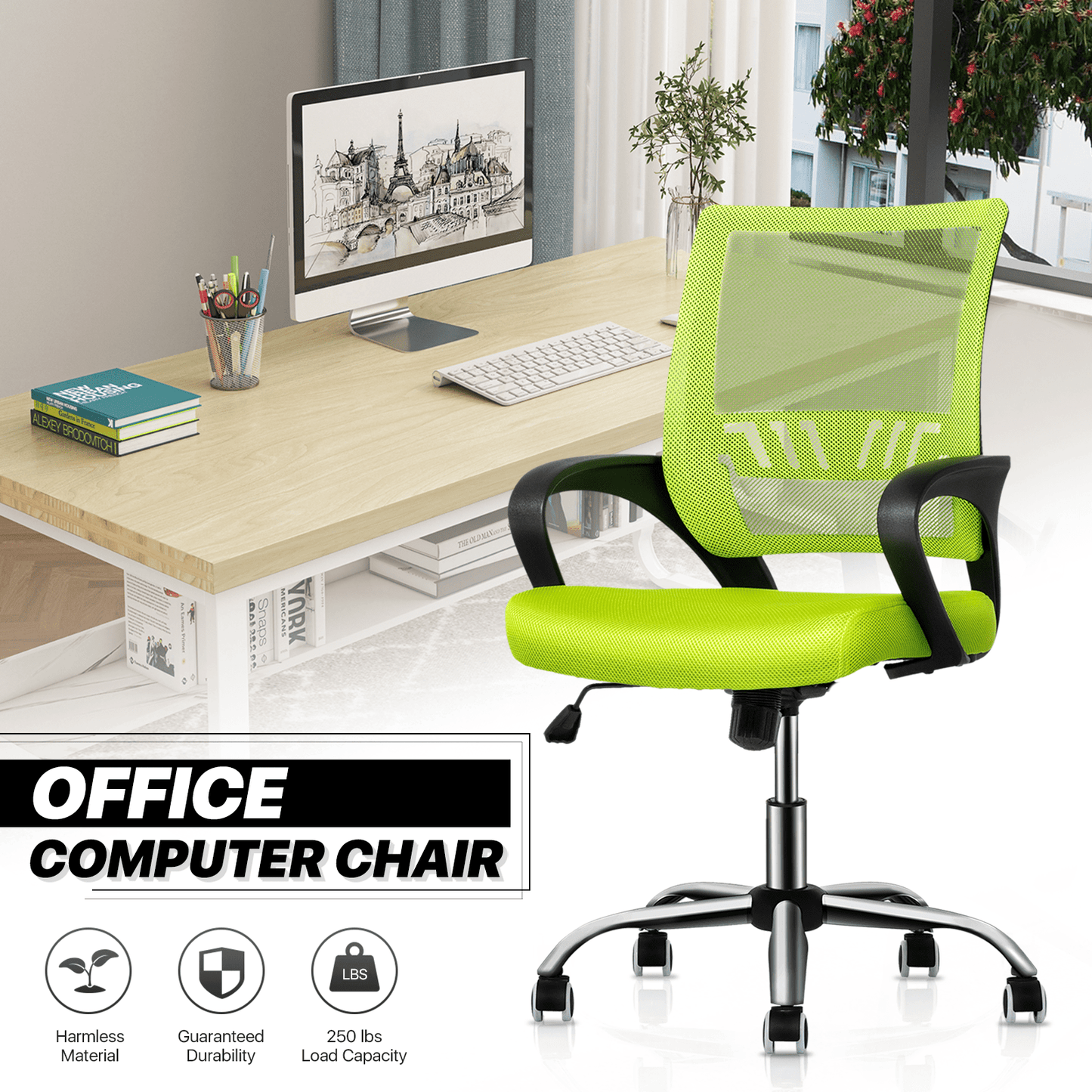 Mesh Office Home Chair, Mid Back Ergonomic Rolling Swivel Chair with Padded Seat and Armrest