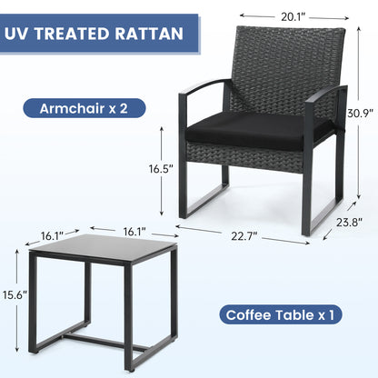 Outdoor Chairs with Bistro Table Furniture Set, Wicker Rattan 3pc Conversation Set includes 2 Waterproof Chairs with Thick Cushions and 1 Bistro Table with Safety Glass Top, Clearance