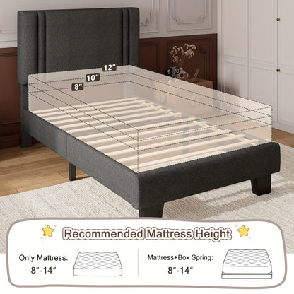 Platform Bed Frame with 21 Inch Soft Padded Headboard Striped or Button Tufted Solid Wood Slats Art Legs Twin Full Queen Black Linen Dark Grey White Velvet