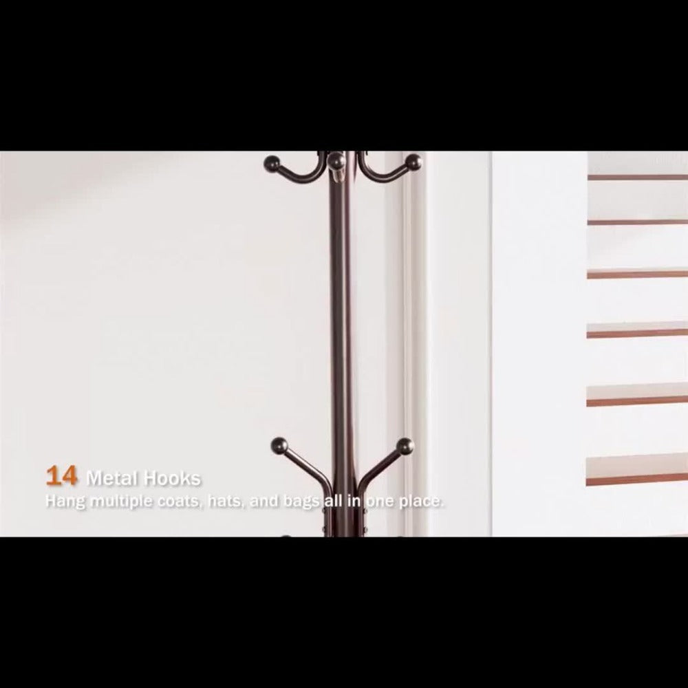 Adjustable Coat and Hat Rack with 14 Hooks and 4 Height Settings, Freestanding Metal Clothes Hanger Stand for Entryway Bedroom Home Office, Holds Hats Coats Bags Outdoor Gear, Brown Natural Wood Finish