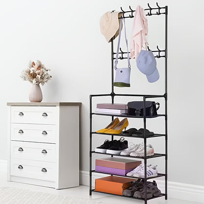 Coat Rack, 5-tier Multifunctional Metal Coat Rack with 10 Double Hooks - Space-saving Storage Solution for Entryways, Living Rooms, Bathrooms And Hallways - Separate Entryway Shoe Rack for Ample Storage Space