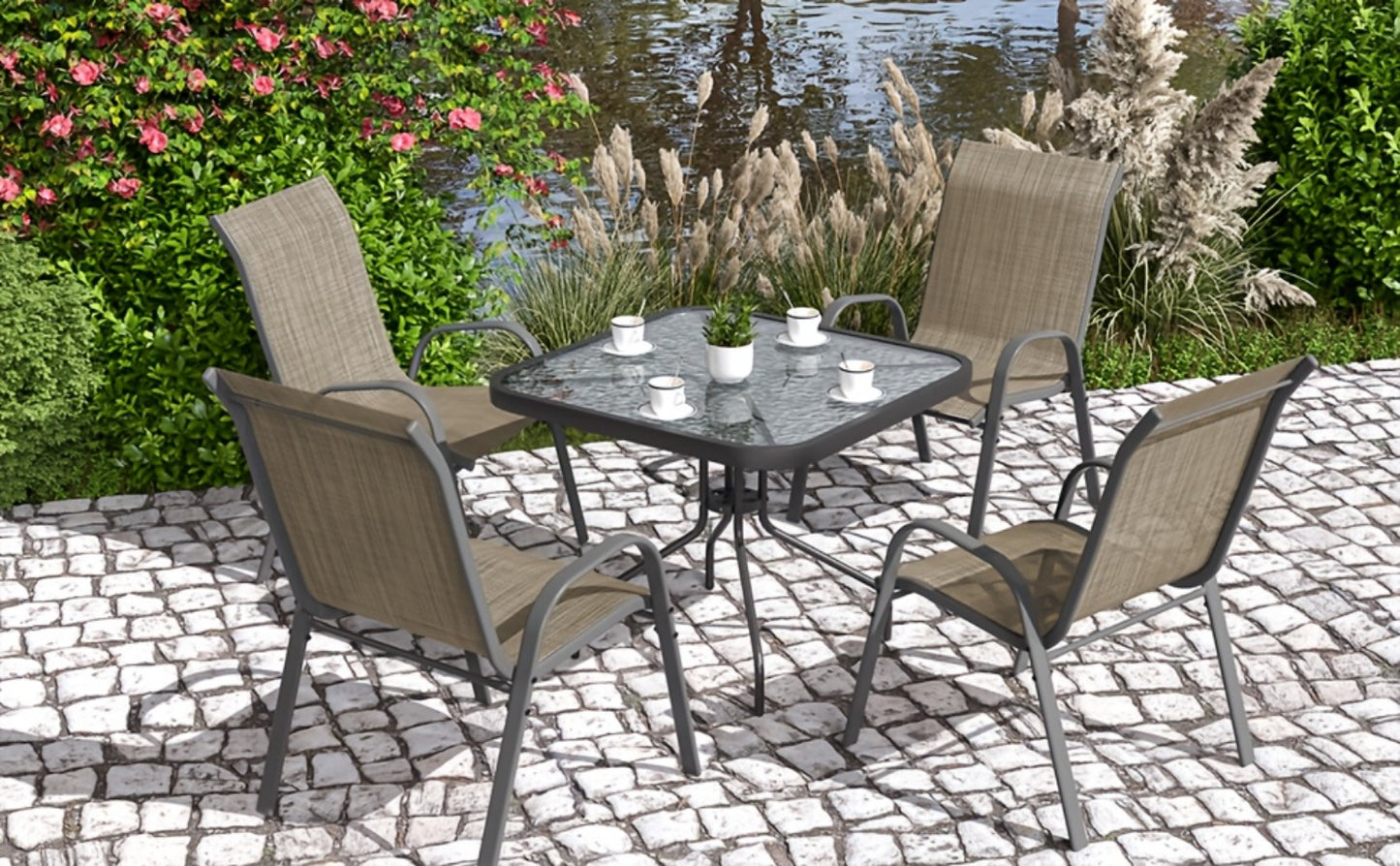 Patio Dining Set 5 Piece Stackable Textilene Chairs Glass Table All-Weather Outdoor Furniture for Courtyard Garden Lawn Backyard Poolside with Umbrella Hole