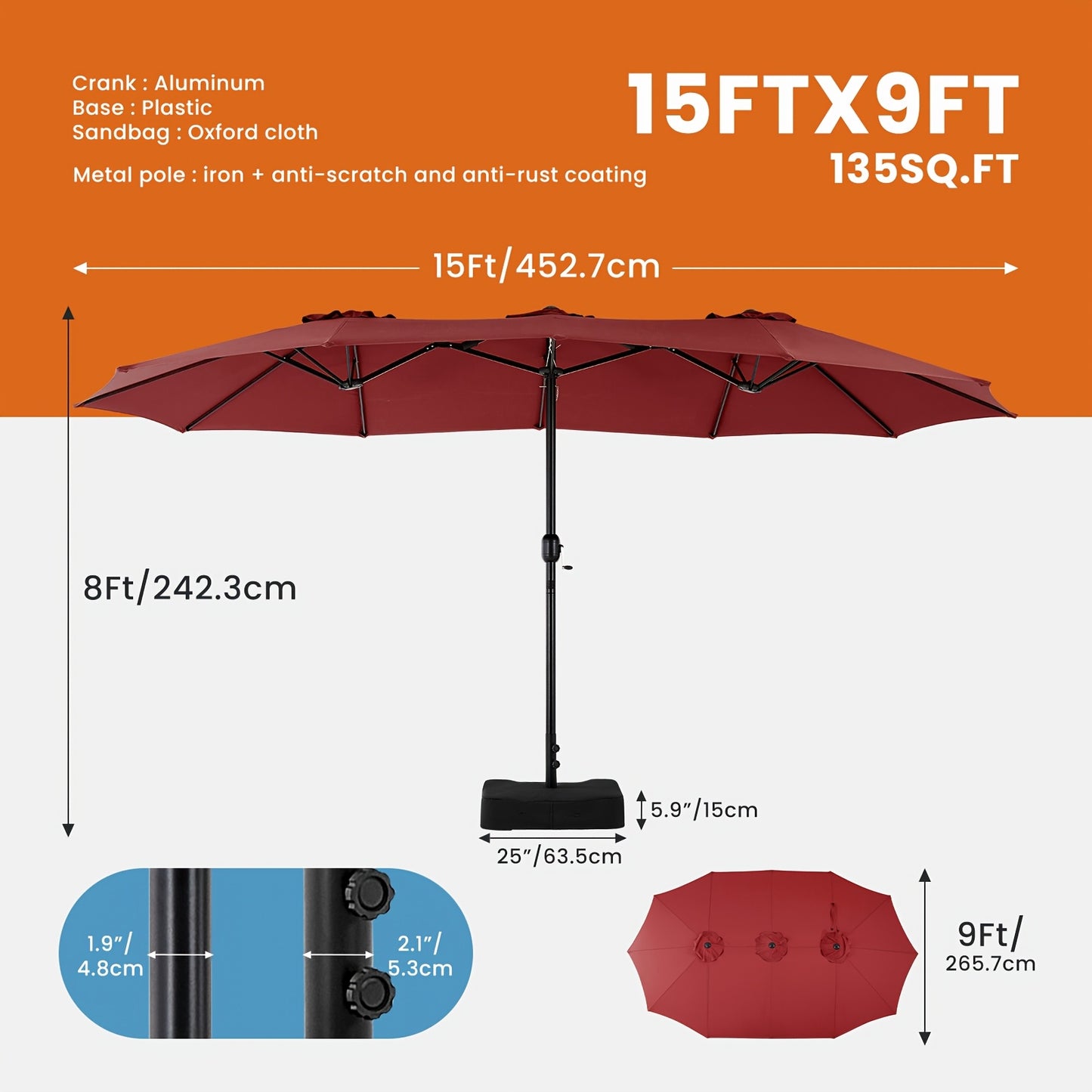 9ft/10ft/15ft Outdoor Patio Umbrella with Push Button Tilt and Crank,Outdoor Yard/Market Table Umbrella UV Protection & Deck, Backyard, Pool,Sandy Shore