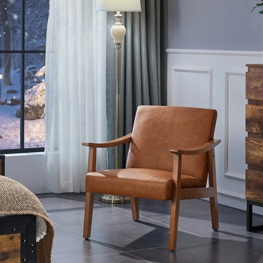Costoffs Modern Armchair with Solid Wood Legs, Upholstered Accent Chair for Bedroom/Living Room/Guestroom, Available in Faux Leather or Boucle Fabric