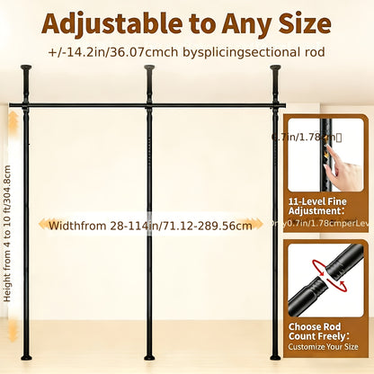 Room Divider for Room Separation, Tension Curtain Rods No Drilling, 4-10Ft(H) 28-114Inch(W) Adjustable Temporary Privacy Wall Divider, Heavy Duty Freestanding Space Partition Separator, Black, White