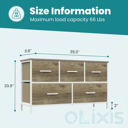 Modern 5-Drawer Dresser with Fabric Bins - Wide Chest of Drawers, Space-Saving, Assembly, Wood-Free Suitable for Apartment, Closet, Hallway - Compact Organizer with Ample Storage (3.2+ Cubic Feet)