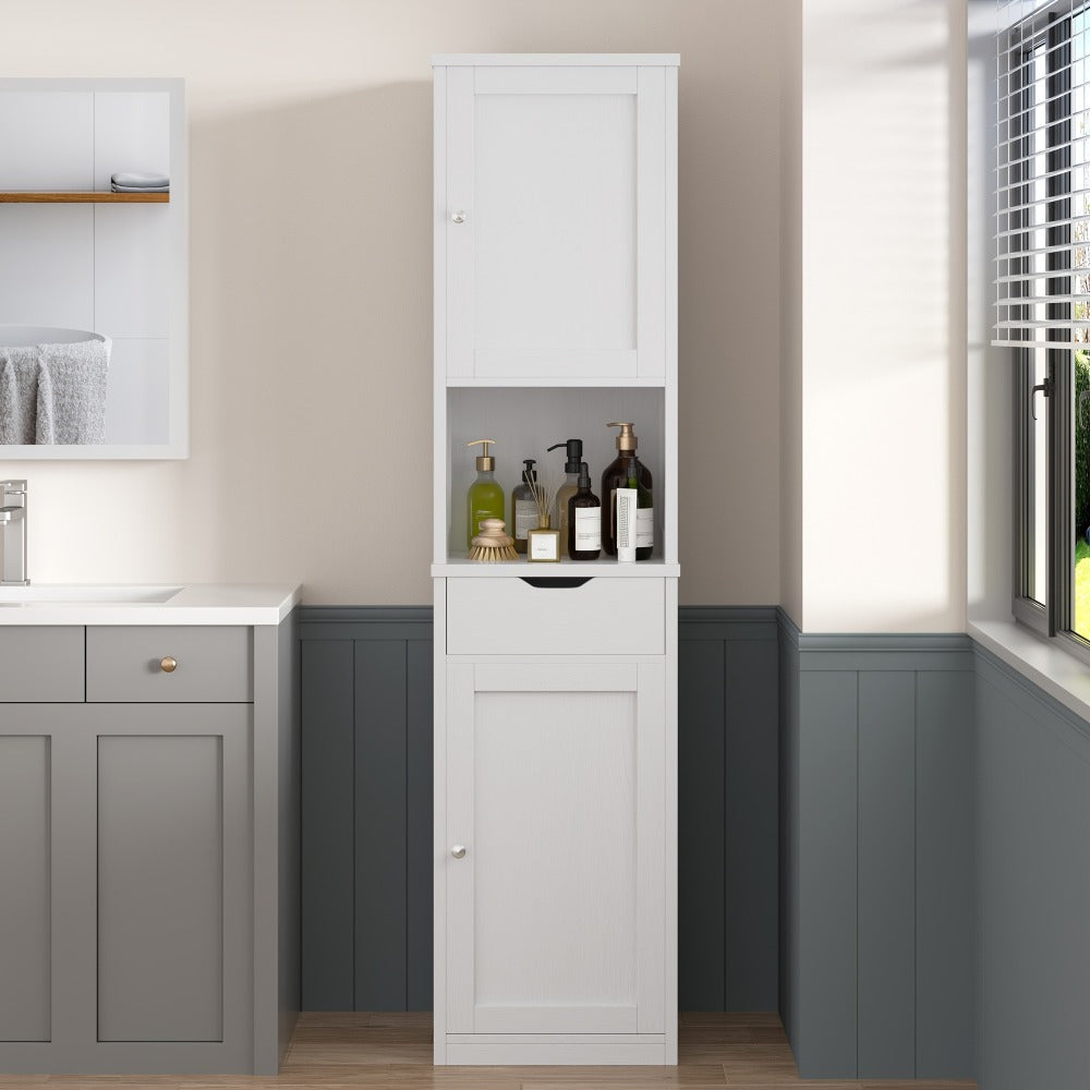 5-Tier Narrow Freestanding Storage Cabinet with 1 Drawer & 2 Doors White, Space-Saving Tower Shelf Floor Cabinet for Bathroom Kitchen Living Room Small Spaces