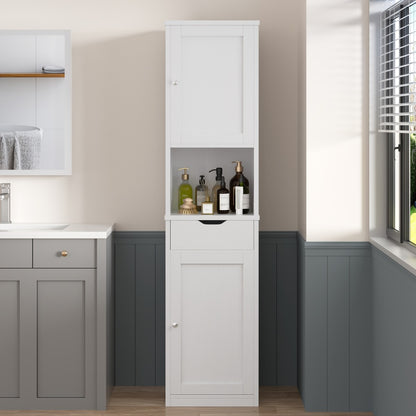 5-Tier Narrow Freestanding Storage Cabinet with 1 Drawer & 2 Doors White, Space-Saving Tower Shelf Floor Cabinet for Bathroom Kitchen Living Room Small Spaces