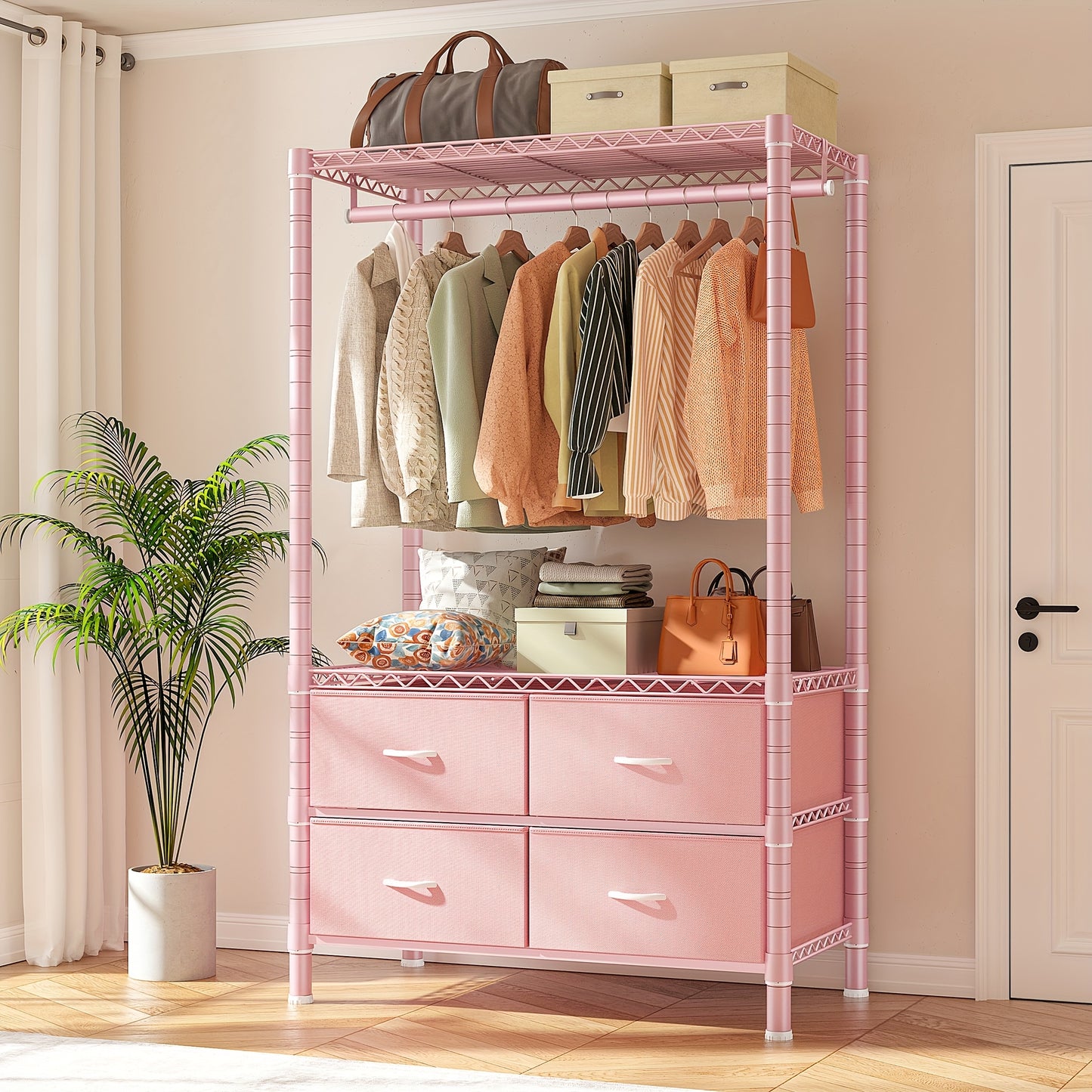 Heavy Duty Clothes Rack, Clothing Rack For Hanging Clothes With 4 Drawers Load 420LBS, Easy To Assemble, Sturdy & Durable Design, Large Capacity For Coats, Shirts, Closet Organizers And Storage, Furniture For Home, Christmas Decorations, Pink