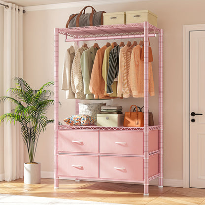 Heavy Duty Clothes Rack, Clothing Rack For Hanging Clothes With 4 Drawers Load 420LBS, Easy To Assemble, Sturdy & Durable Design, Large Capacity For Coats, Shirts, Closet Organizers And Storage, Furniture For Home, Christmas Decorations, Pink