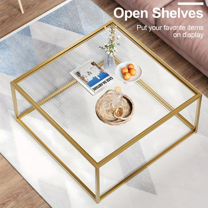 Glass Coffee Table, Suitable for Living Rooms Square Coffee Table, Ideal for Small Spaces Minimalist Tea And Cocktail Modern Center Table Living Room Table, Easy Assembly 26 X 26 Inches Clear Glass