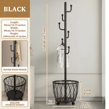 2-in-1 Heavy-Duty Freestanding Rolling Coat Rack with Storage Basket - Mobile Garment Hanger Suitable for Entryway, Bedroom, Living Room, Bathroom - Space-Saving Organizer with Round Hooks & Wheels, Multi-Room Furniture for Mother's Day Gifts