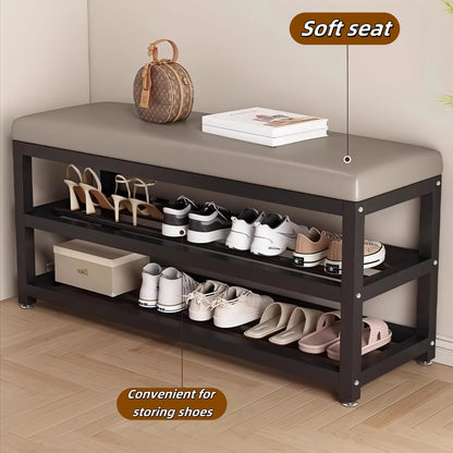 Modern Entrance Passage Shoe Changing Stool, Shoe Rack with Soft Cushion Shoe Storage Organizer, Easy to Install Metal Frame - Ideal Choice for Bedroom Or Foyer. Multi-Compartment Design, Space-Saving Entrance Channel Storage Rack