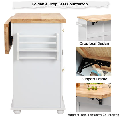 Rolling Kitchen Island with Drop Leaf, Thicken Rubberwood Top, Spice Rack, Towel Rack, Drawer, 43.3" Portable Mobile Kitchen Island Carts Table, Storage Cabinet, Both Wheels And Feet
