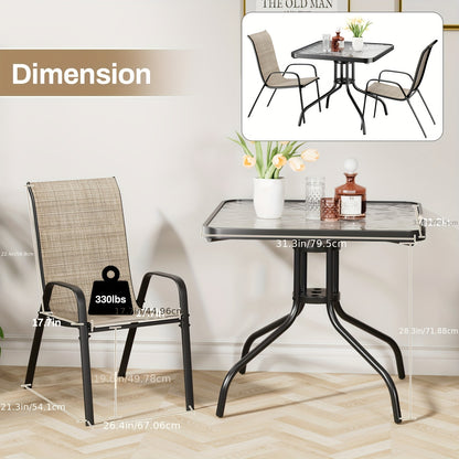 [Outdoor Furniture Set] Patio Dining Table and Chair Set, 5pcs, Space-Saving Outdoor Furniture for All-Weather Use, Includes 4 Stackable Textilene Chairs and a Metal Frame Table, Suitable for Courtyards, Gardens, Lawns, Backyards, and Poolside, Umbrella N