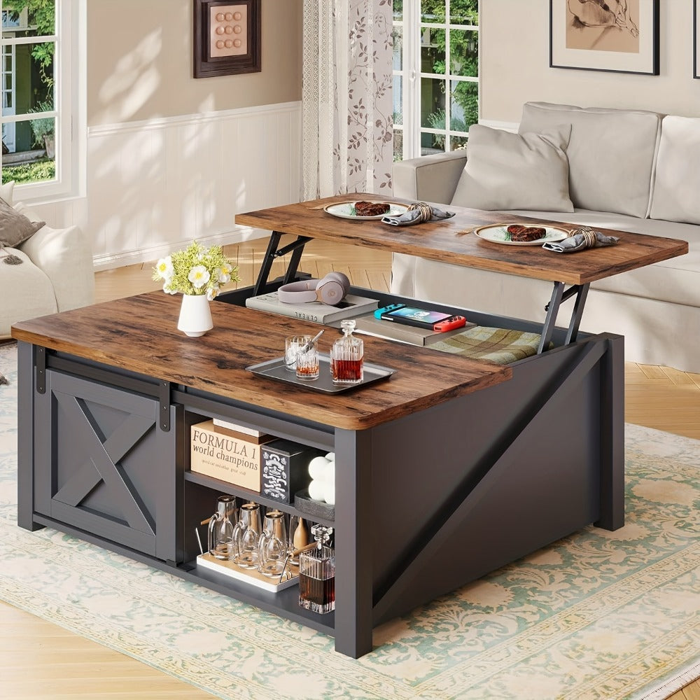 Square Lift Top Coffee Table with Hidden Storage – Farmhouse Design, Gas Strut Lift, Adjustable Shelves, 4 Open Compartments, Black/White/Grey/Blue