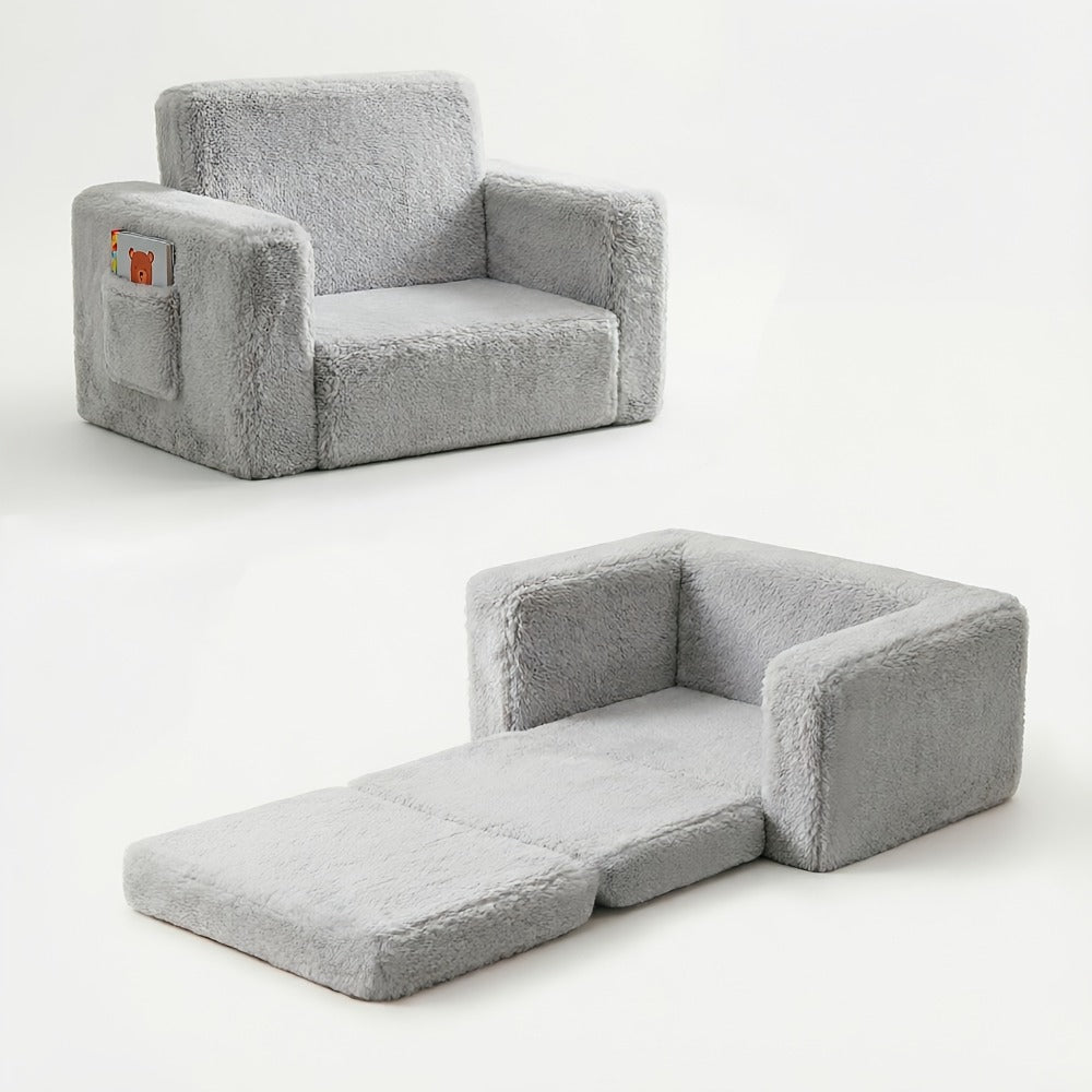 Kids Sofa 2-in-1 Convertible to Recliner Chair - Soft Plush Gray/Pink/White Youngsters Lounge Chair with Storage Pocket, Cozy Folding Playroom Furniture for Boys And Girls, Youngsters Playroom Furniture Pocketed Armrests | Velvet Upholstery, Chair